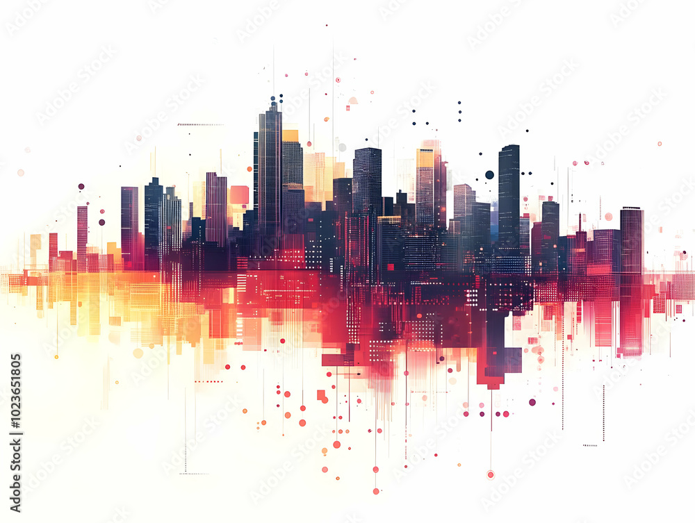 Poster flat bokeh cityscape meets data visualization: a wide-angle view blending urban skyline and vibrant 