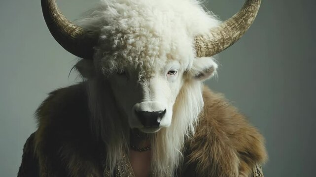 Close-Up of Majestic White Buffalo in Studio Lighting