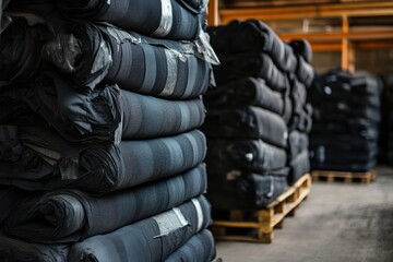 Stack of Rolled Black Fabric in Warehouse