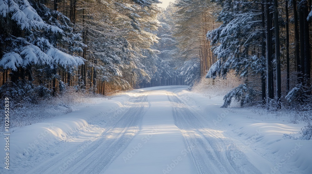 Poster a snow covered road with trees in the background