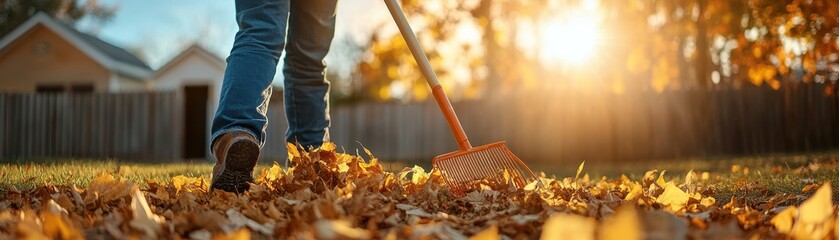 Person raking leaves in yard on sunny autumn day