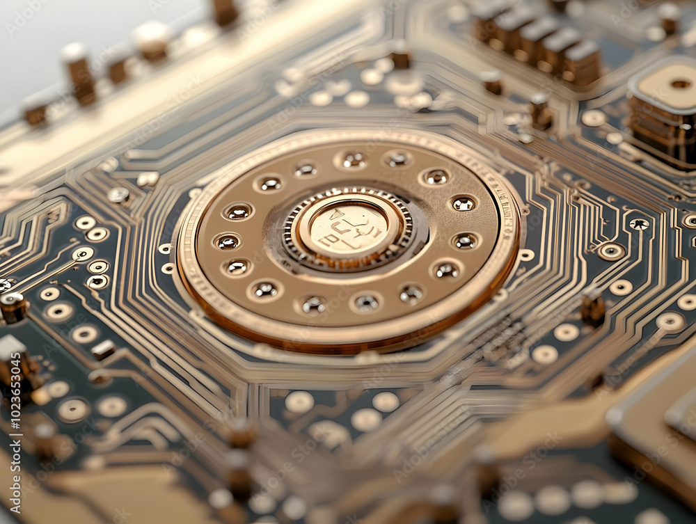 Poster extreme close-up of flat quantum encrypted credit chip with intricate circuitry and encryption patte