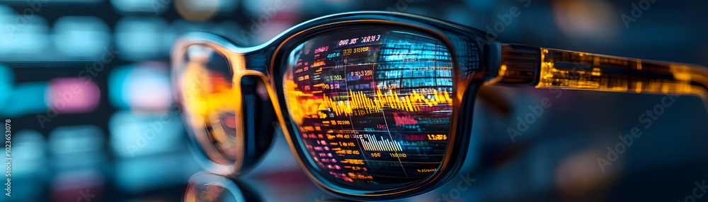 Poster futuristic smart glasses macro shot: lens displaying financial data overlays, integrating wearable t