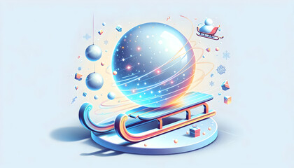 Flat Holographic Snowball with Glowing Sled on White Background - Playful Winter Design with Ample Copy Space for Promotions - Vector Illustration