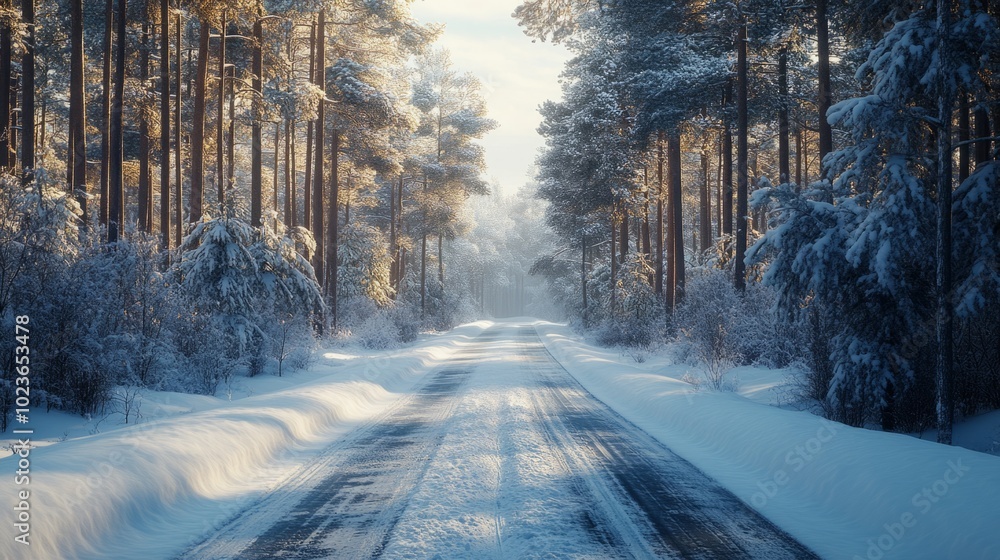 Poster a snowy road with trees in the background