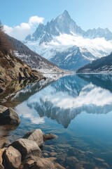 Obraz premium Mountain river flowing through green valley with snow capped mountain