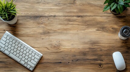Minimal Workspace with Keyboard Mouse and Potted Plant on Wooden Desk