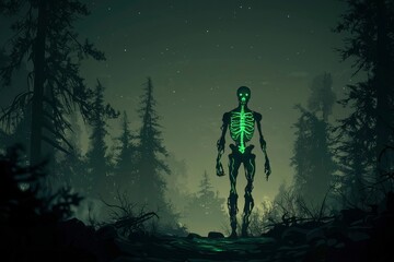 Fototapeta premium A glowing skeletal figure stands in a misty forest at night