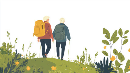 Elderly couple hiking a beautiful hill, wearing backpack, colorful, simple, and minimalistic, in a cartoon style, white background. Senior people hiking walking outdoors. Outdoor adventure active heal