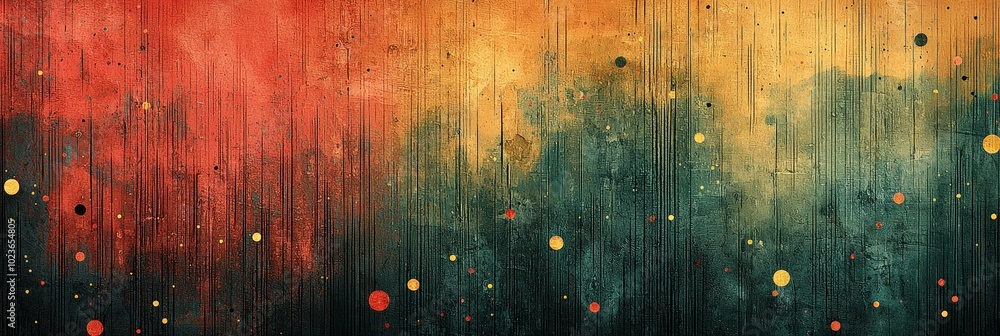 Poster Abstract artwork featuring gradient colors transitioning from warm red to green, accented with artistic paint splashes