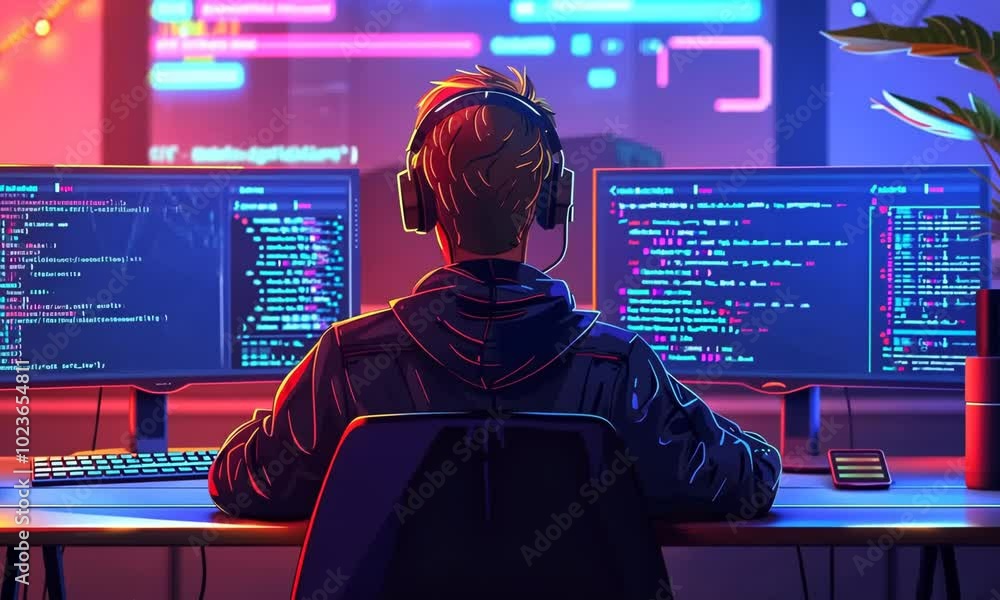 Poster a man is sitting in front of a computer with two monitors and headphones on video