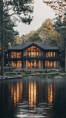Obraz premium Tranquil Lakeside Mansion with Large Windows