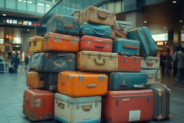 suitcase overflowing with luggage at an airport terminal depicting the challenges travelers face with a sense of urgency and hassle in a bustling environment