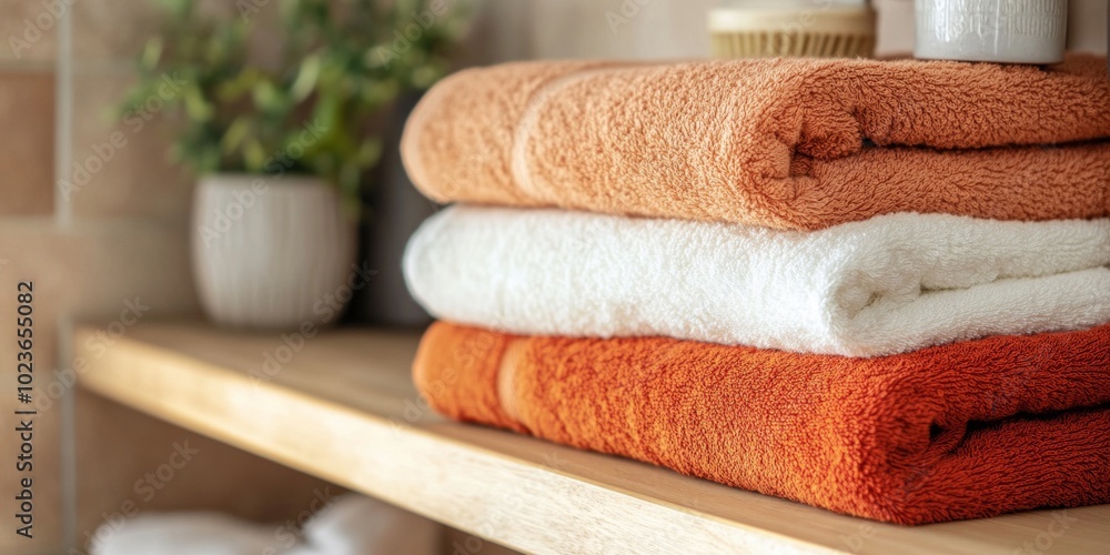 Poster a neatly arranged stack of soft towels in warm colors. the soothing orange and white hues create a c