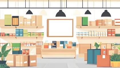 A vibrant and organized warehouse interior showcasing neatly arranged boxes and shelves, perfect for storage and logistics themes.