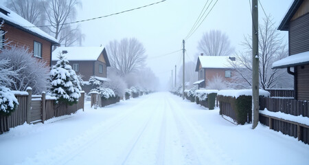 Fototapeta premium A picturesque street in a small Russian village during winter, blanketed with a thick layer of snow