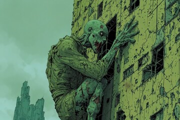 A Decaying Building with a Zombie Climbing the Side
