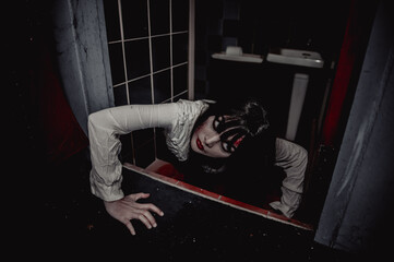 Portrait of asian woman make up ghost,Scary horror scene for background,Halloween festival...