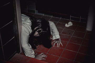 Portrait of asian woman make up ghost,Scary horror scene for background,Halloween festival...