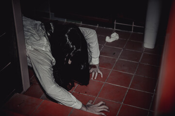 Portrait of asian woman make up ghost,Scary horror scene for background,Halloween festival...