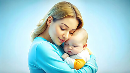 Close Up of Mother Cuddling Baby on Soft Peach Background with Ample Copy Space for Text in Photo Stock Concept