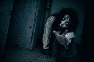 Portrait of asian woman make up ghost,Scary horror scene for background,Halloween festival...
