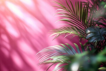 sundrenched pink wall with blurred palm leaf shadows minimalist composition with soft gradient tropical summer vibes in pastel tones perfect backdrop for product display