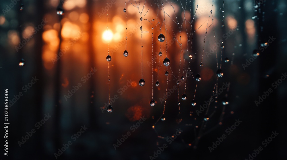 Poster a close-up of raindrops on a spider web with a sunset backdrop in a forest.