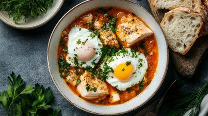 Delicious Poached Eggs in Spicy Tomato Sauce Bowl