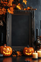 A dark wooden frame with a dark background with a halloween pumpkin and candles