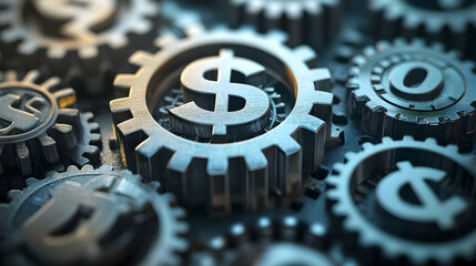 3D Economy Gear System Vector Graphic Icon with Various Currency Symbols - Intricate Design Depicting Global Economic Interconnectedness on Isolated White Background