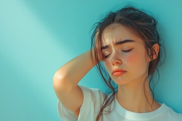 Woman grimacing in pain, holding her head, light blue background.