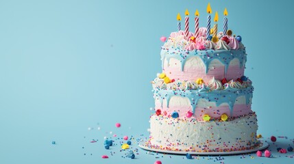 Colorful Birthday Cake with Sprinkles and Candles on Blue Background