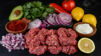 Fresh ingredients for a flavorful dish, including ground beef, red onion, avocado, cilantro, lemon, red pepper, tomato, and a creamy sauce.