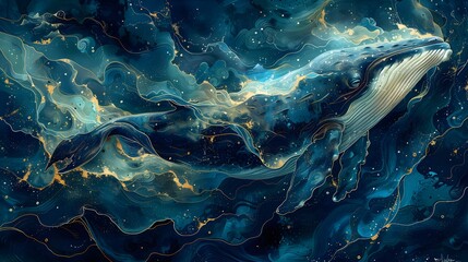 Bright blue whale swimming in a sea of swirle. AI generated