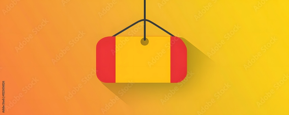 Poster a vibrant illustration of a rectangular object with a red and yellow design, hanging on a simple bla