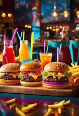 close vibrant fast food spread overflowing colorful sodas ready enjoyment, burgers, fries, meal, snack, platter, tasty, delicious, restaurant, variety