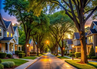 Fototapeta premium A serene and tranquil scene depicts a quiet, tree-lined street with warmly lit houses, inviting pedestrians to stroll down the peaceful, easy-going neighborhood avenue.
