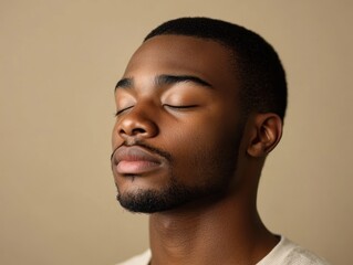 Fototapeta premium Man looking calm and serene, eyes closed, beige backdrop.