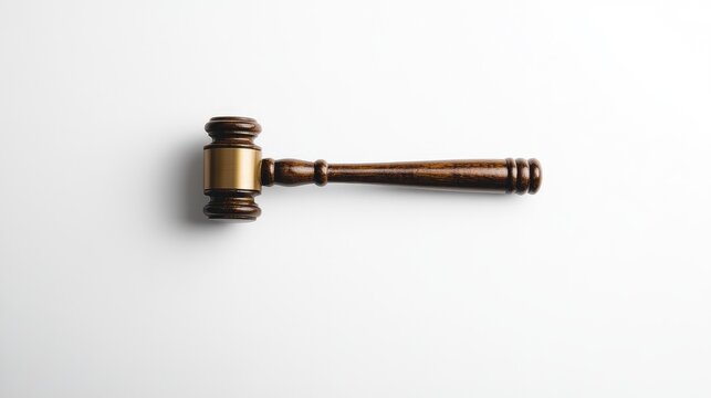 A judge's gavel lying flat on a white background, symbolizing the power of the law and decision-making. No people.