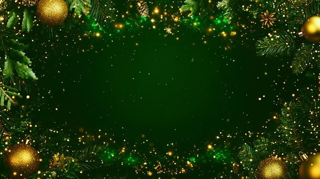 Christmas holiday background green with golden bokeh lights. Emerald greenery forest foliage background. Bokeh lights art. Elegant outdoor party template garland 4k video