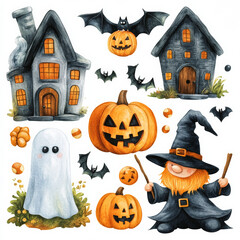 Watercolor Witchy Gnome clipart with pumpkins, ghosts, witches, bats, black cats, haunted houses, and candy. 
