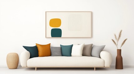 Pillows with geometric patterns arranged on a modern sofa, paired with abstract art and neutral-colored decor, 3D illustration