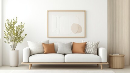 Pillows with geometric patterns arranged on a modern sofa, paired with abstract art and neutral-colored decor, 3D illustration