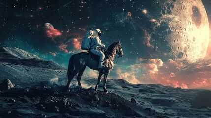 Naklejka premium An astronaut on a horse gazes towards a large, detailed moon in a surreal, cosmic landscape filled with vibrant colors and dramatic lighting