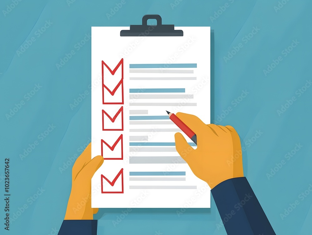 Poster a close-up of hands marking a checklist on a clipboard, symbolizing organization and task completion