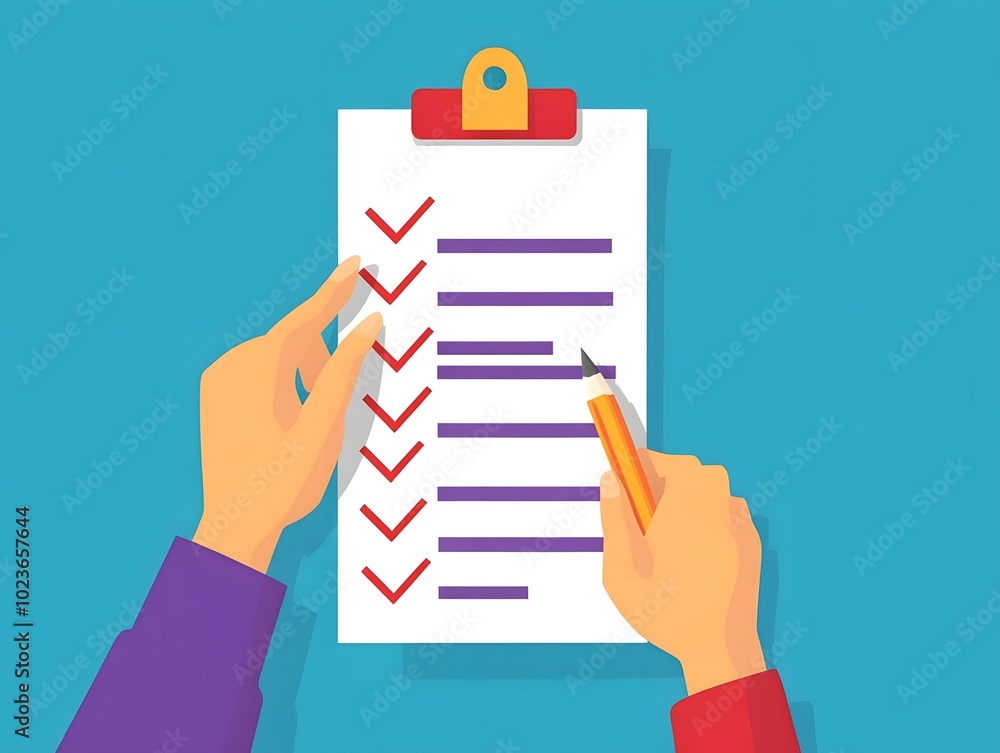 Poster a colorful checklist on a clipboard, with hands marking tasks. perfect for planning and organization