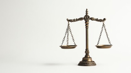 A pair of bronze scales standing upright on a clean white background, symbolizing law and fairness. No people.