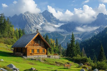 Obraz premium Lush green forest growing on mountainside leading to snow capped mountain peak
