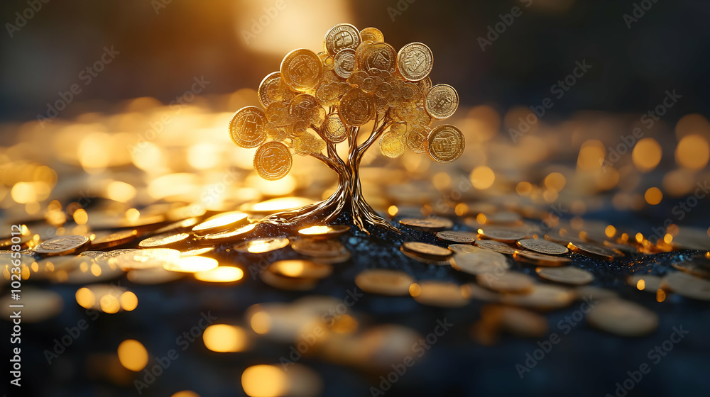 Aufkleber 3d soft focus coins forming tree shape - abstract wealth symbol close-up camera rotation on isolated
